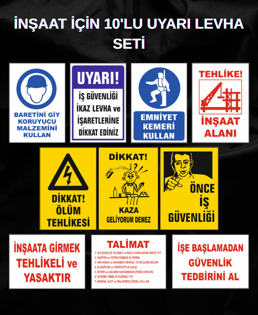 İnşaat Uyarı Levhaları Seti – 10 Adet Dekota Levha (25×35 cm)
