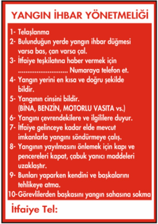 Yangın İhbar Yönetmeliği Talimatı Levhası