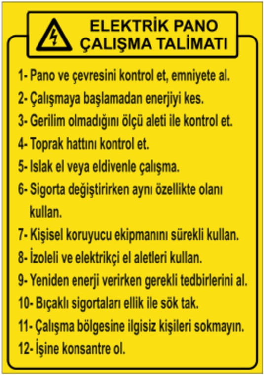 Elektrik Panosu Çalışma Talimatı Levhası