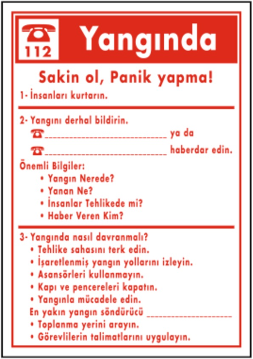 Yangında Sakin Ol Talimatı Levhası