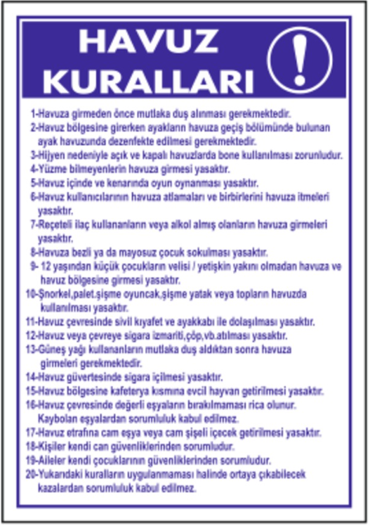 Havuz Kuralları Talimatı Levhası