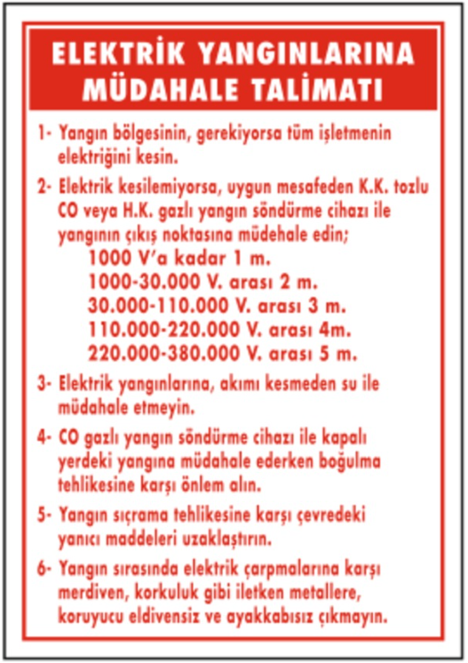 Elektrik Yangınlarına Müdahale Talimatı Levhası